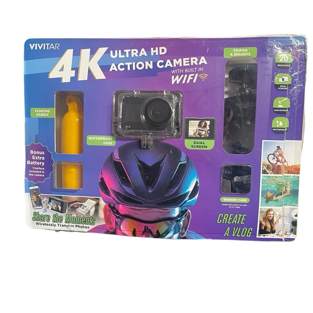 Vivitar DVR923 4K Ultra HD Action Camera Kit Dual Screen with Wifi Bonus Battery